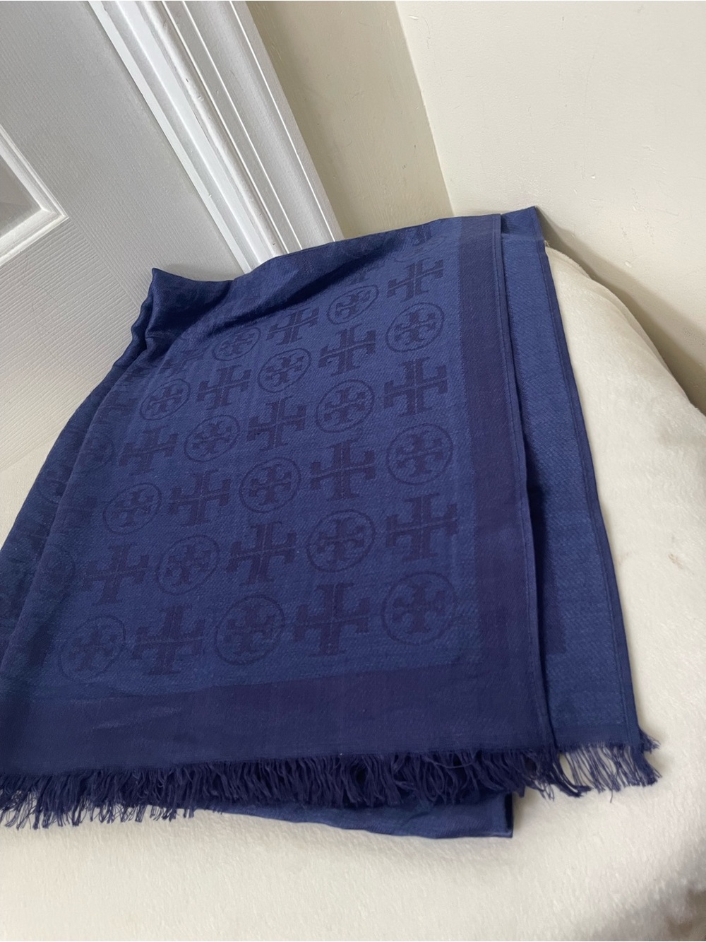 Tory Burch Navy Logo Jacquard Scarf